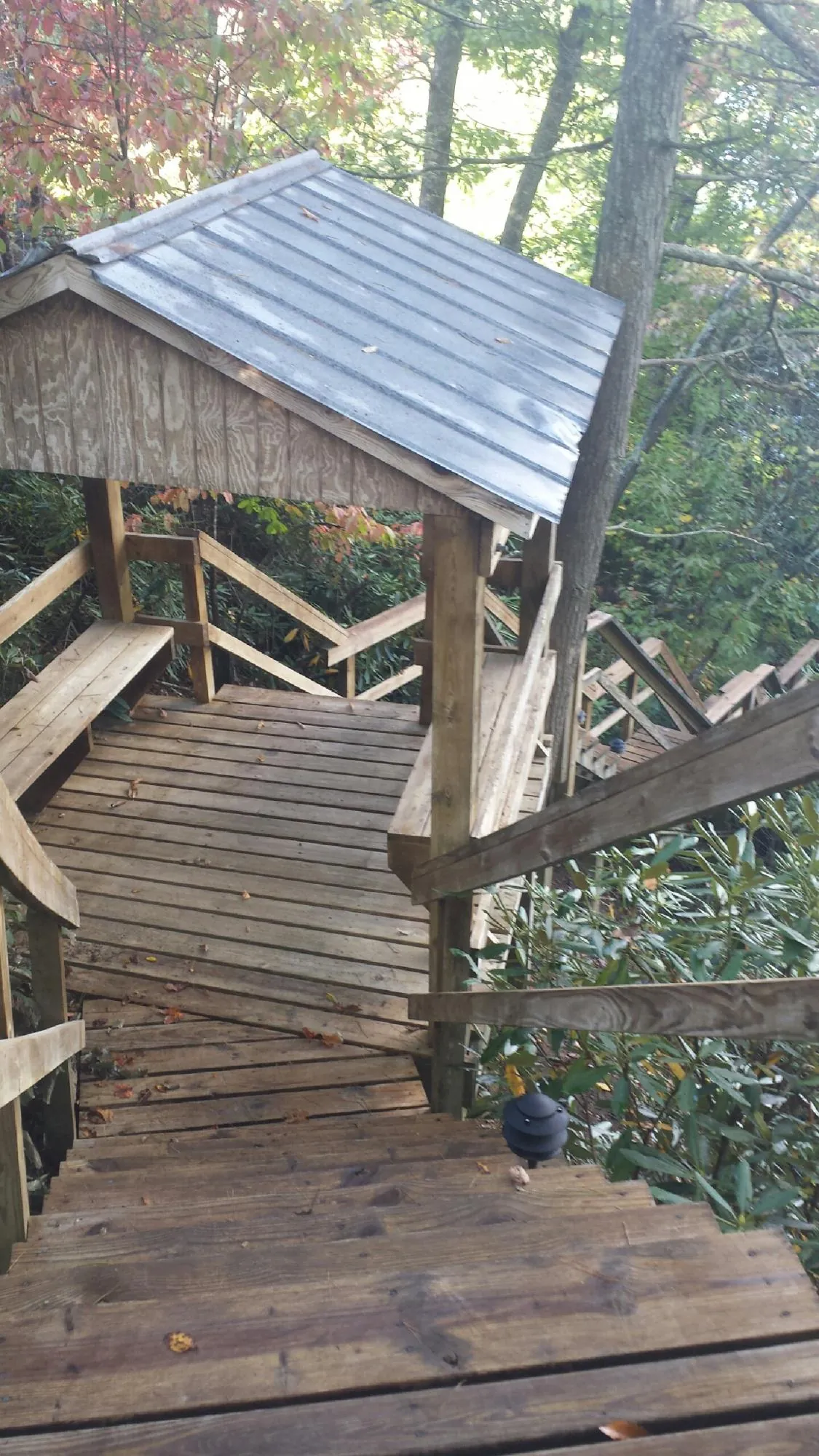 Metal roofed shelter over wooden steps on a wooded walkway — Skylight Repair & Installation work by our crew in Comstock